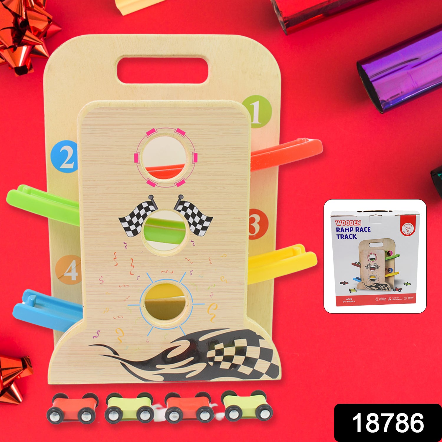 Wooden Ramp Racer Race Track Vehicle Play Sets With 4 Mini Racers (With Handle) Wooden Ramp Racer Race Track Vehicle Play Sets With 4 Mini Racers (With Handle)